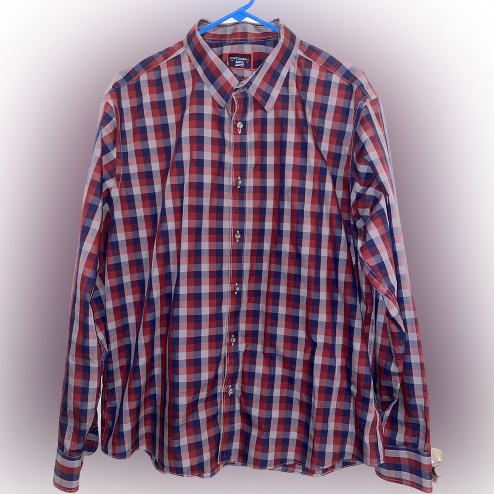 UNTUCKit Red Blue Grey Check Plaid Long Sleeve Button Down Wrinkle Free Mens XL